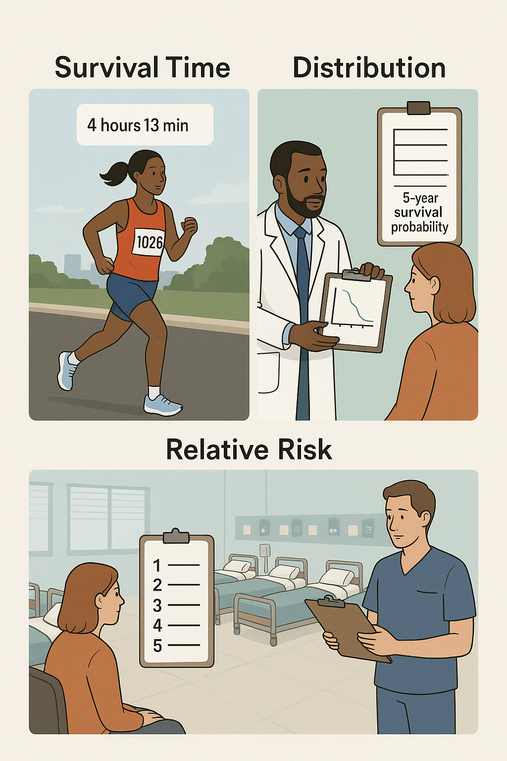 Cartoon illustration of predictive types. Top left shows a marathon runner with a predicted survival time '4 hours 13 min', top right shows a doctor presenting a graph to a patient representing distribution predictions, bottom shows a clinician looking at a chart that ranks patients.